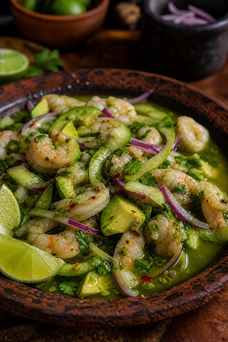 Nayarit-style shrimp aguachile with avocado, cucumber, and lime